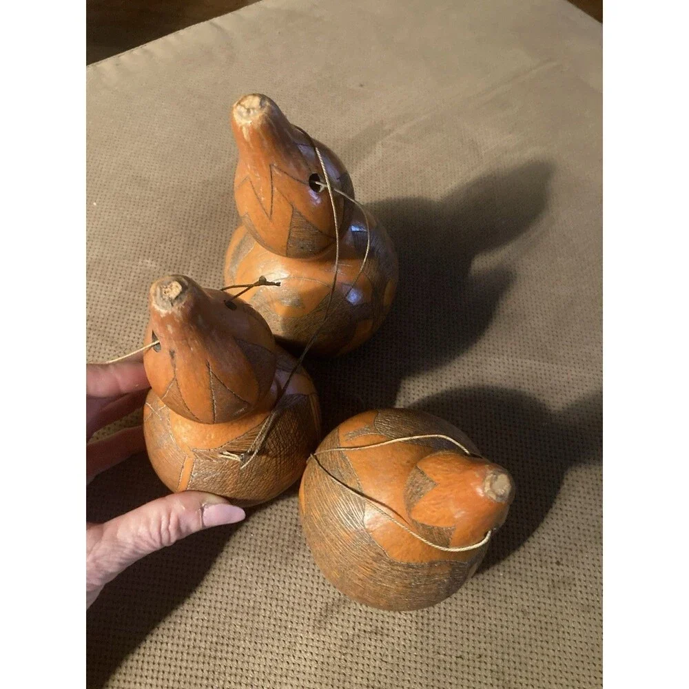3 Peruvian Folk Art Hand Carved Gourd Ornaments Animal Etching Fish Horse Vintag